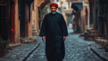 Man in Red Turban Walks Cobblestone Street photo