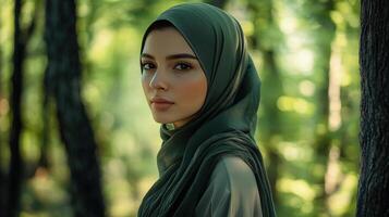 Young Woman Wearing Green Hijab in Forest photo
