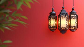 Three illuminated lanterns hang against a red background photo