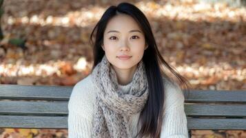 Young Woman Sitting On Bench In Autumn Leaves photo