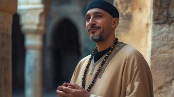 A man in traditional Middle Eastern attire stands peacefully photo