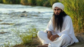 Man in White Robe Sitting by Riverbank photo