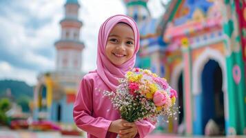 Young Girl Smiling Holds Colorful Flower Bouquet photo