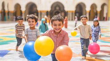 Happy children playing with balloons in a courtyard photo