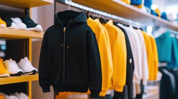 Black Zippered Hoodie Hanging In Clothing Store photo