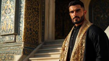 Handsome Man in Black and Gold Traditional Attire photo