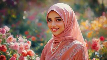 Woman in Pink Hijab Smiles Amidst Blooming Roses photo