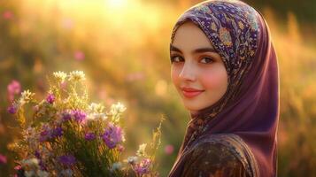 Young Woman Wearing A Hijab In A Field Of Flowers photo