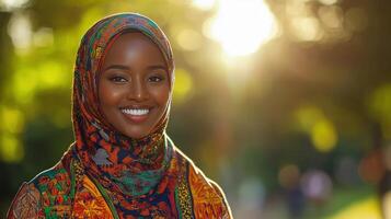 A smiling young woman wearing a patterned hijab photo