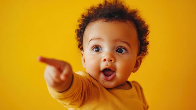 Adorable Baby Points With Joyful Expression Against Yellow Background photo