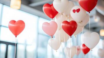 Red and white heart shaped balloons floating in air photo