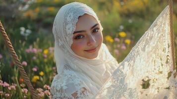 Young Woman In Lace Hijab Sitting On A Swing photo