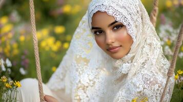 Young Woman Wearing Lace Headscarf In A Flower Field photo