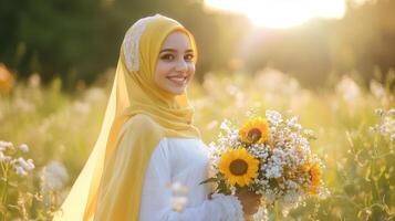Woman In Yellow Hijab Holds Sunflower Bouquet photo