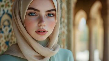 Young Woman Wearing Beige Hijab Soft Focus Background photo