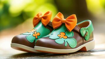 Adorable Brown Shoes Decorated With Orange Bows And Green Clovers photo