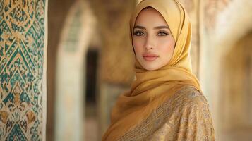 Young Woman Wearing a Golden Hijab and Embroidered Abaya photo