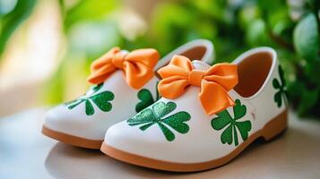 Adorable White Shoes Decorated With Shamrocks And Bows photo