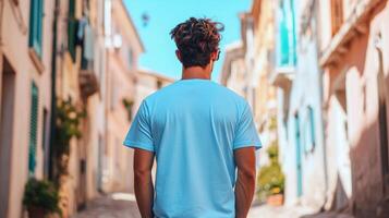 Man in Light Blue Shirt Walks Through European Street photo
