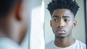 Young Man Contemplating His Reflection In A Mirror photo