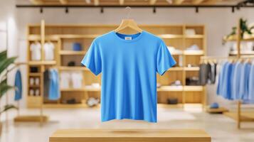 Blue T shirt Hanging In Clothing Store Display photo