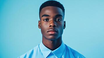 Young Black Man Portrait Blue Shirt Background photo