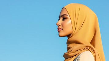 Woman wearing a mustard yellow hijab against a blue sky photo