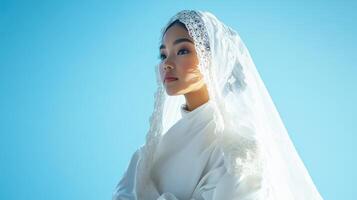 Young Woman In White Lace Veil Against Blue Sky photo