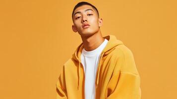 Young Man Models Mustard Yellow Hoodie Against Yellow Background photo