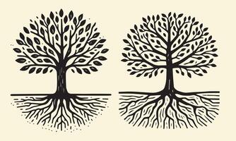 two trees with roots and leaves on a beige background vector