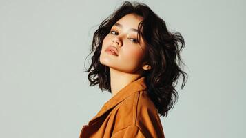 Young Woman Posing In Mustard Colored Jacket photo