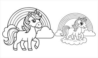 cute unicorn coloring page with rainbow and clouds vector