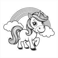 cute unicorn coloring page with rainbow vector