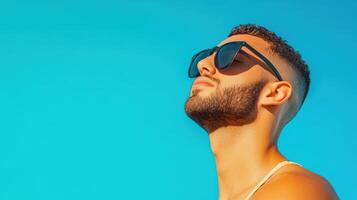 Man With Sunglasses Tilts Head Skyward Basking In Sunshine photo