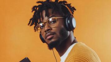 Young Man with Headphones Listening to Music photo