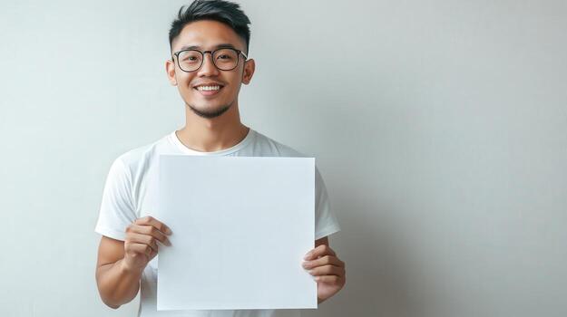 Smiling Man Holding Blank White Paper Advertisement photo
