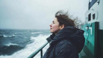 Woman Gazing at a Stormy Ocean from a Ship photo