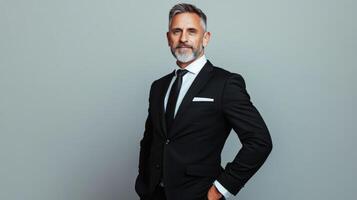 Mature Man in Black Suit Poses Confidently photo