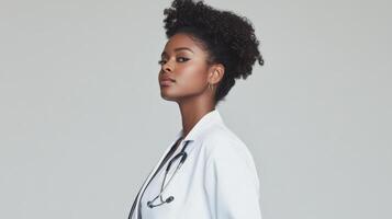 Confident Black Female Doctor in White Coat photo