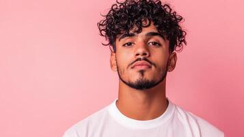 Young Man With Curly Hair Wearing White Shirt photo