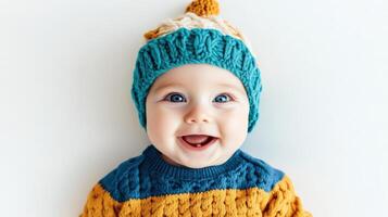 Happy Baby Wearing A Knitted Hat And Sweater photo
