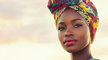 A Portrait of a Woman Wearing a Vibrant Headwrap photo