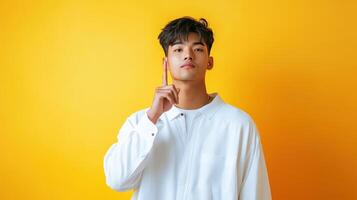 Young Man in White Shirt Gestures with Finger photo