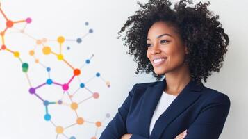Confident businesswoman smiling near colorful network diagram photo
