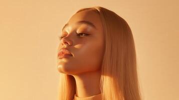 Blonde woman with freckles basking in golden sunlight photo
