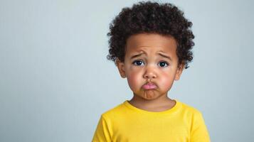 Adorable toddler boy displays a cute pouty expression photo