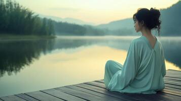 Woman Meditates Peacefully By Serene Lake At Dawn photo
