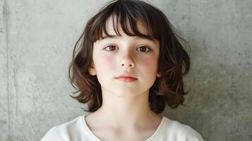 A Young Girl With Freckles Poses Against A Wall photo