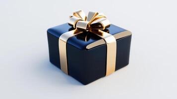 A dark blue gift box with a gold ribbon bow photo