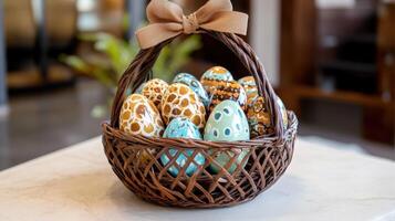 Decorated Easter Eggs In A Wicker Basket photo